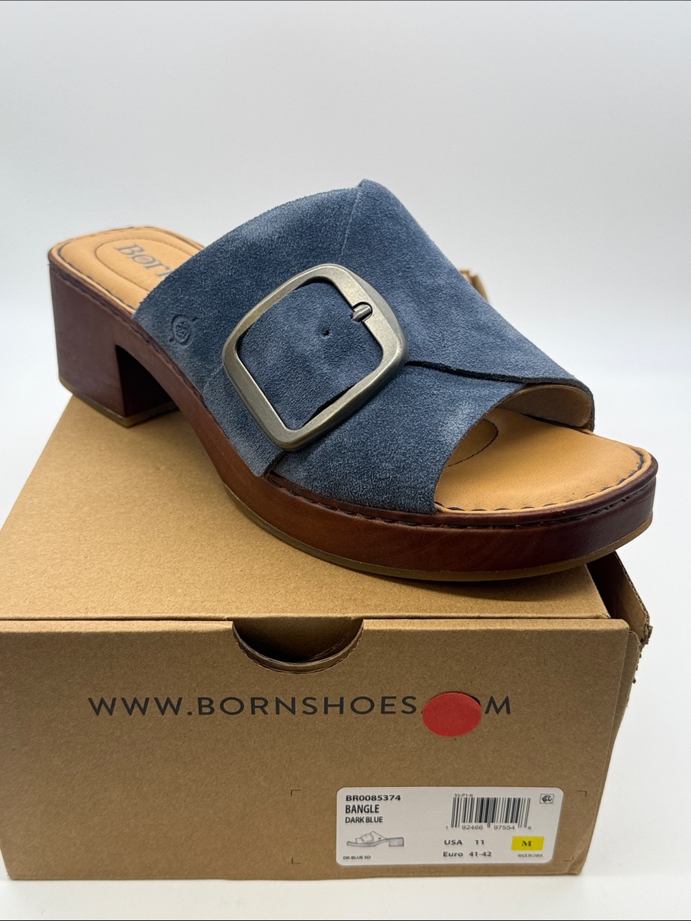 Born Bangle Dark Blue Suede Slide Sandal with Buckle